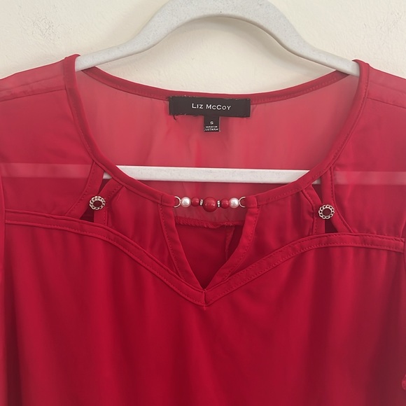 Vintage Liz McCoy Y2K‎ Flutter Sleeve Top Beaded Red Gothic S Romantic Sheer - Picture 2 of 6
